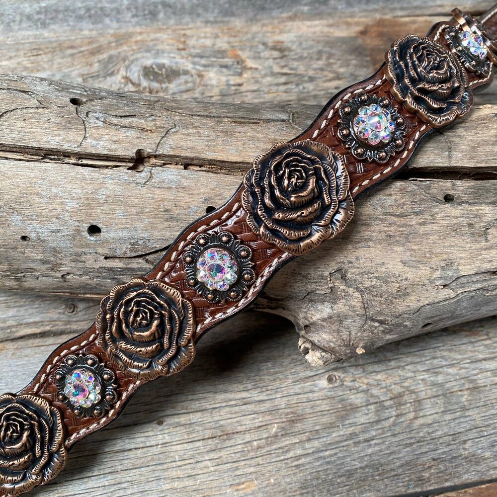 Leather Dog Collar Copper Rose Clear Crystals 20 Inch